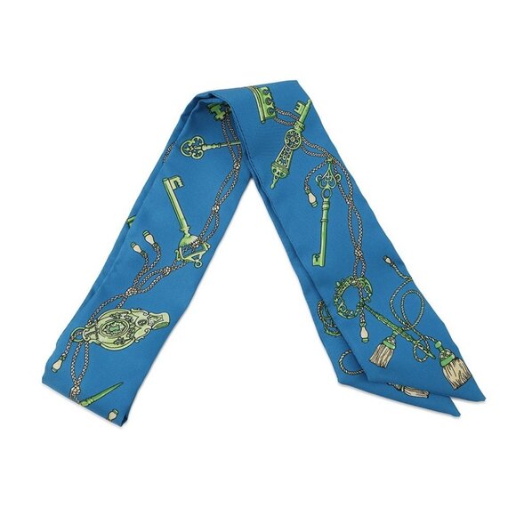 HERMES Twilly LES CLES A POIS Silk100% Blue/Green - Picture 1 of 8